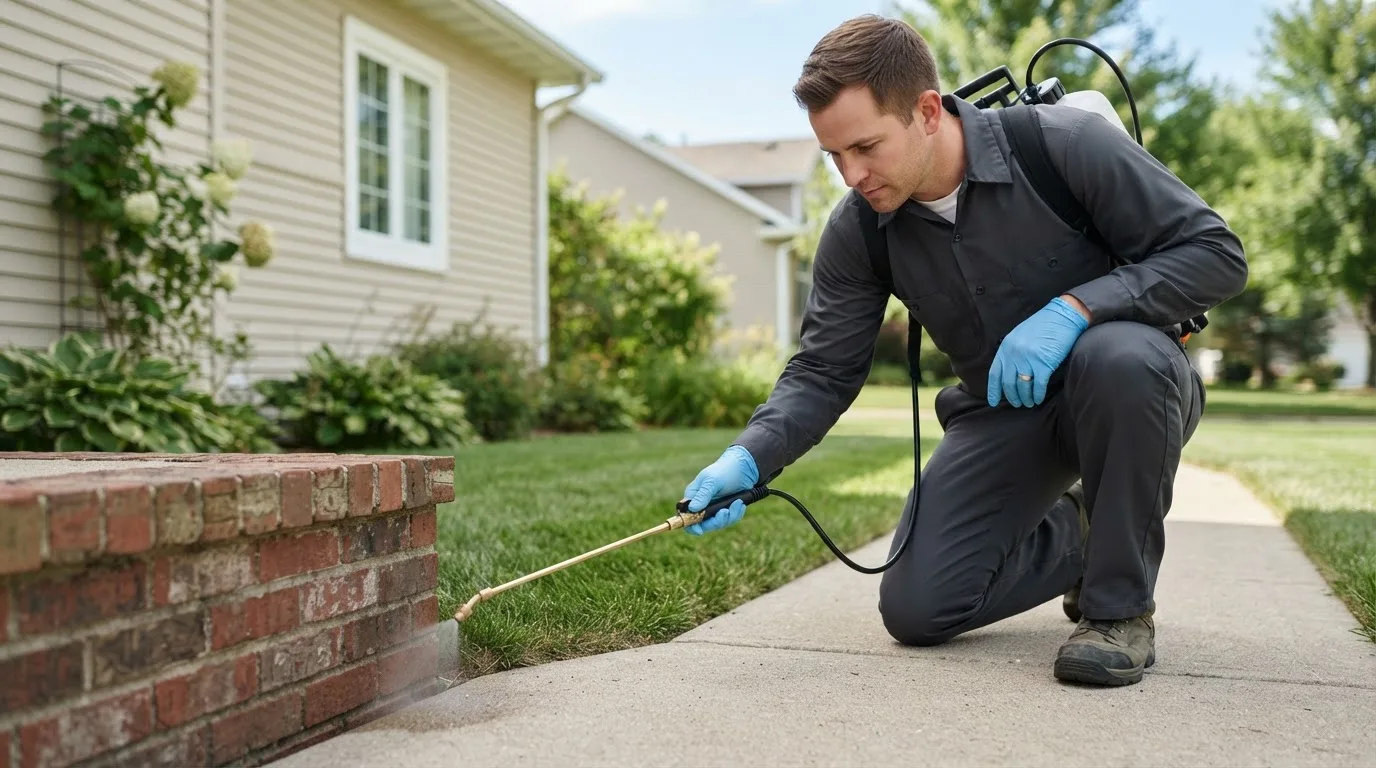 Pest control technician treating a home near Richfield, WI